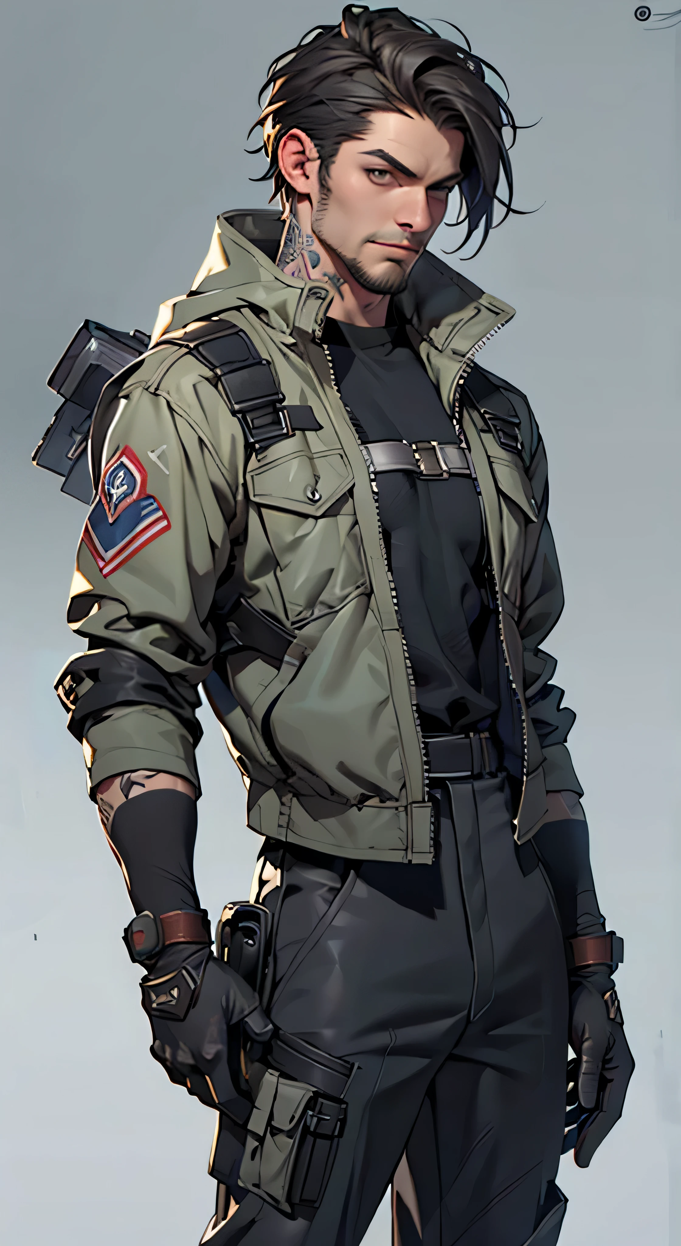 11:23(((Best quality: 1.4))),(Unbeatable masterpiece), (hyper HD),(Hyper-realistic 8k CG)、(dark colored hair) ((( body))), (((1男性))), 40-year-old American soldier with perfect body,,Beautiful and well groomed face,muscular body:1.2,Solid royal blue jacket with details, (Pictures from head to thighearded,Complex equipment, gray and black clothes,long trousers,The clothes inside are dark,Clothes with armored metal electronic parts, Poison tattoos )