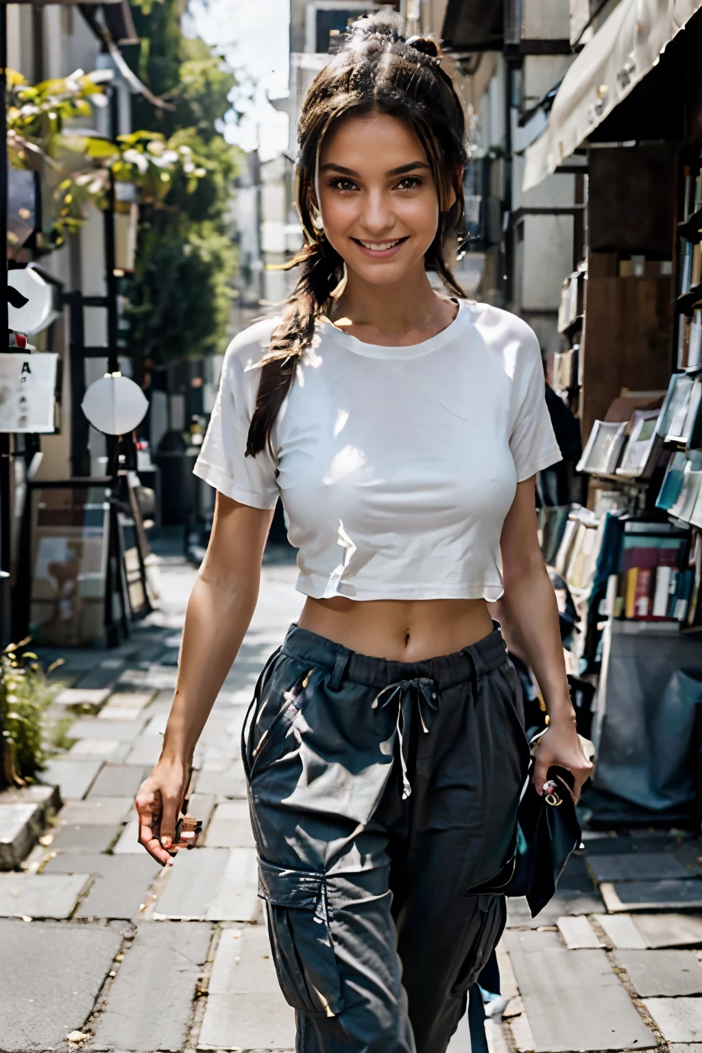 brunette with medium length ponytail, wearing loose long white t-shirt, baggy dark grey cargo pants, she's smiling and having fun, walking through a quiet street full of book shops. lots of afternoon light shining through. Full body shot. analog. kodak, ultra high quality