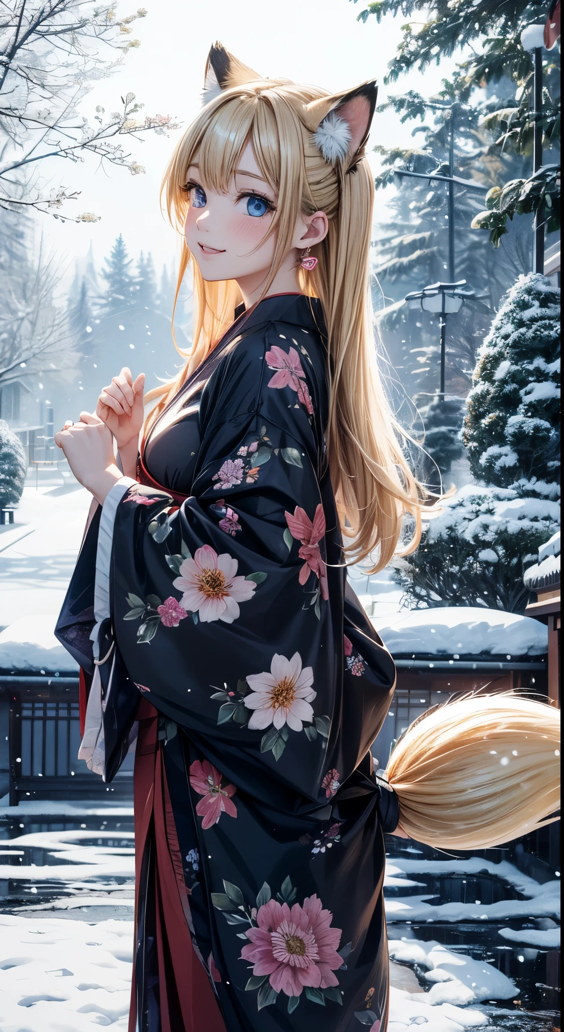 Melody Mark,of the highest quality, Best Masterpiece, ultra-detailliert,fox village, (1 fox girl),(It's snowing:1.3), (look up sky:1.3), (fox is playing:1.2), (Happy face: 1.3), red blush, (blonde short low tail: 1.4), Shiny hair,  (Deep Blue Eyes:1.4), Small earrings, Small necklace,(Jet black and floral patterned Japanese clothes:1.4),Sunlight,light reflections ,Kemomimi