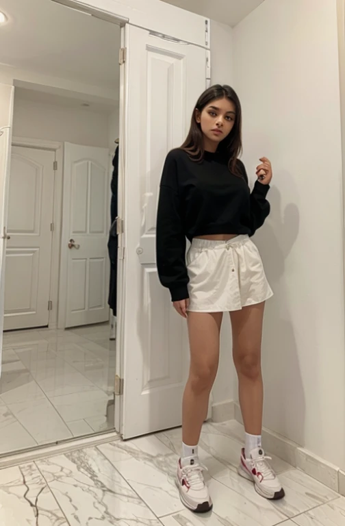 21 year old girl with big breasts and small waist dressed in cute clothes, ropa infantil, ropa tierna, He is in his bedroom with white light, white marble floor and background of a closet with expensive clothes and sneakers
