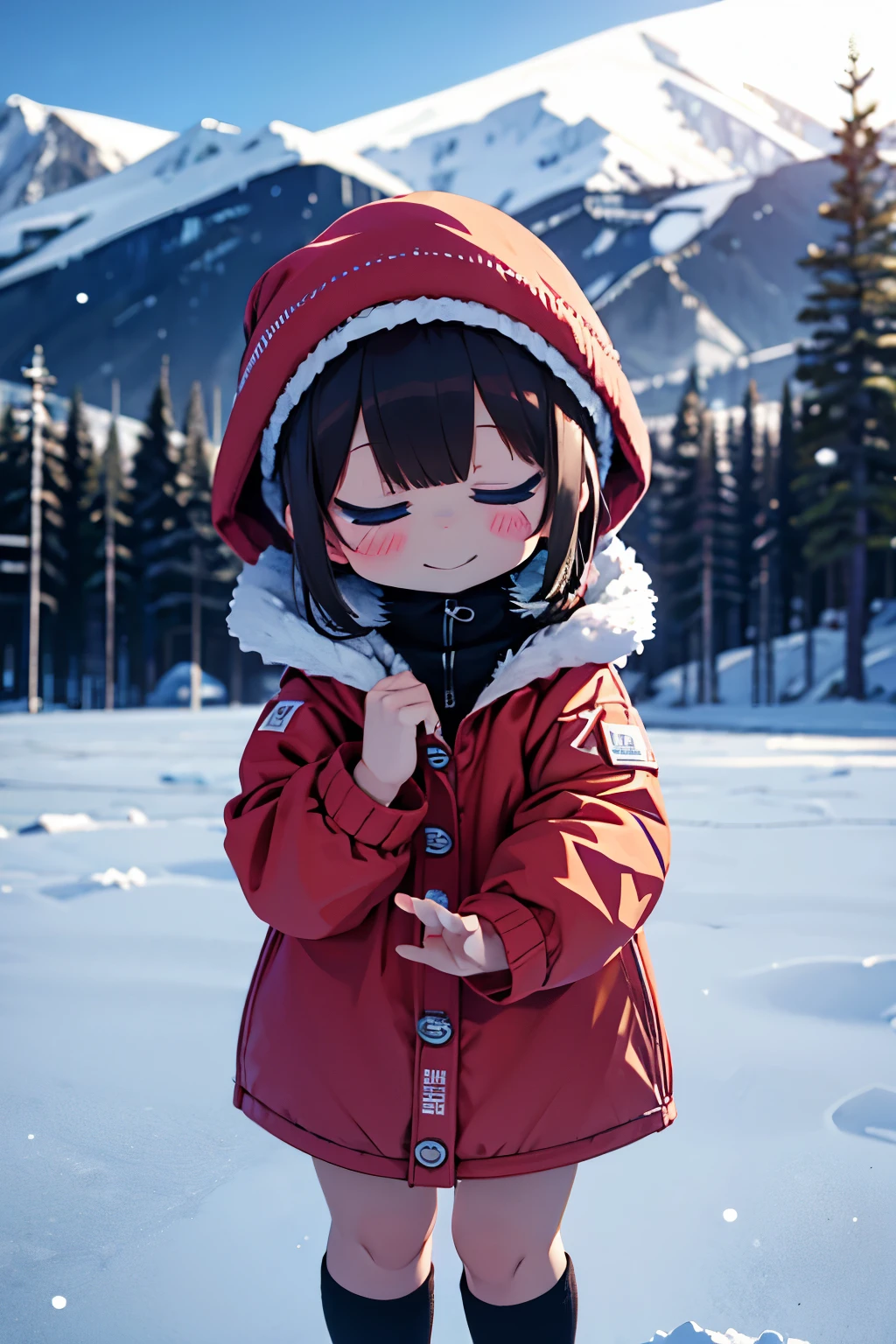 girl jumping into snow field、A smile、Warm clothing、Ski Wear、It's snowing、sleeping face down on the snow floor