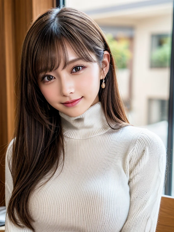 (8k, RAW photo, best quality, masterpiece, extremely detailed:1.2),(realistic, photo-realistic:1.4), sharp focus, bokeh, detailed 8k background, soft light, SIGMA 85mm f/1.4.
extremely cute Japanese idol, kawaii, (detailed skin: 1.2), porcelain skin, pale skin, extremely detailed face, brown eyes, smiling, looking at viewer, medium size breasts, virgin killer sweater, (sweater dress:1.2), ribbed sweater,sideboob,cleavage cutout, turtleneck sweater,(white sweater:1.3),crop top navel, (breasts on table, tilting head:1.2)
Cafe, indoor