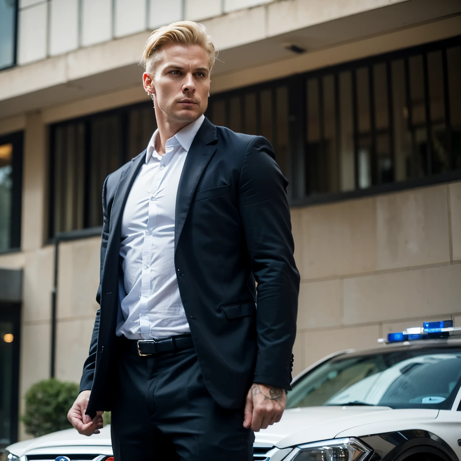 A modern police detective man, he has short, well-groomed blond hair that matches his piercing blue eyes. With his serious expression and striking features, the detective conveyed confidence and determination. Wearing a perfectly tailored black suit, he was the embodiment of authority. Stepping out of his black 1990s Ford Crown Victoria.