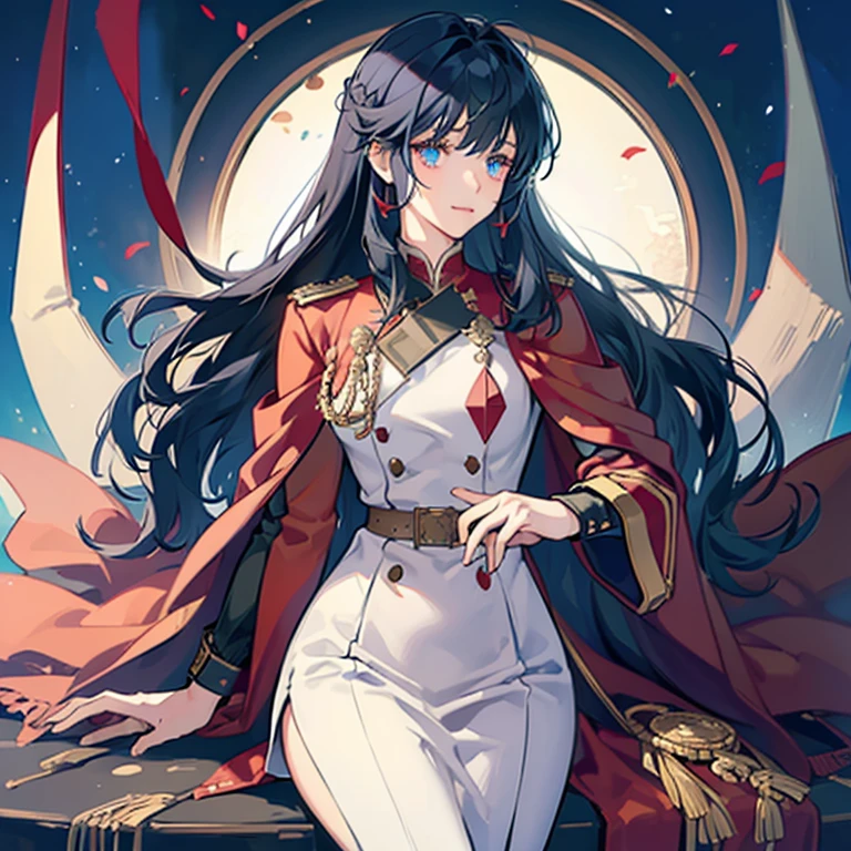 A girl with long black hair wearing a red military uniform,Blue inner color for hair,Has bangs,Eyes are blue,Glowing blue eyes,red military uniform with green cape,Beauty,A slight smil,