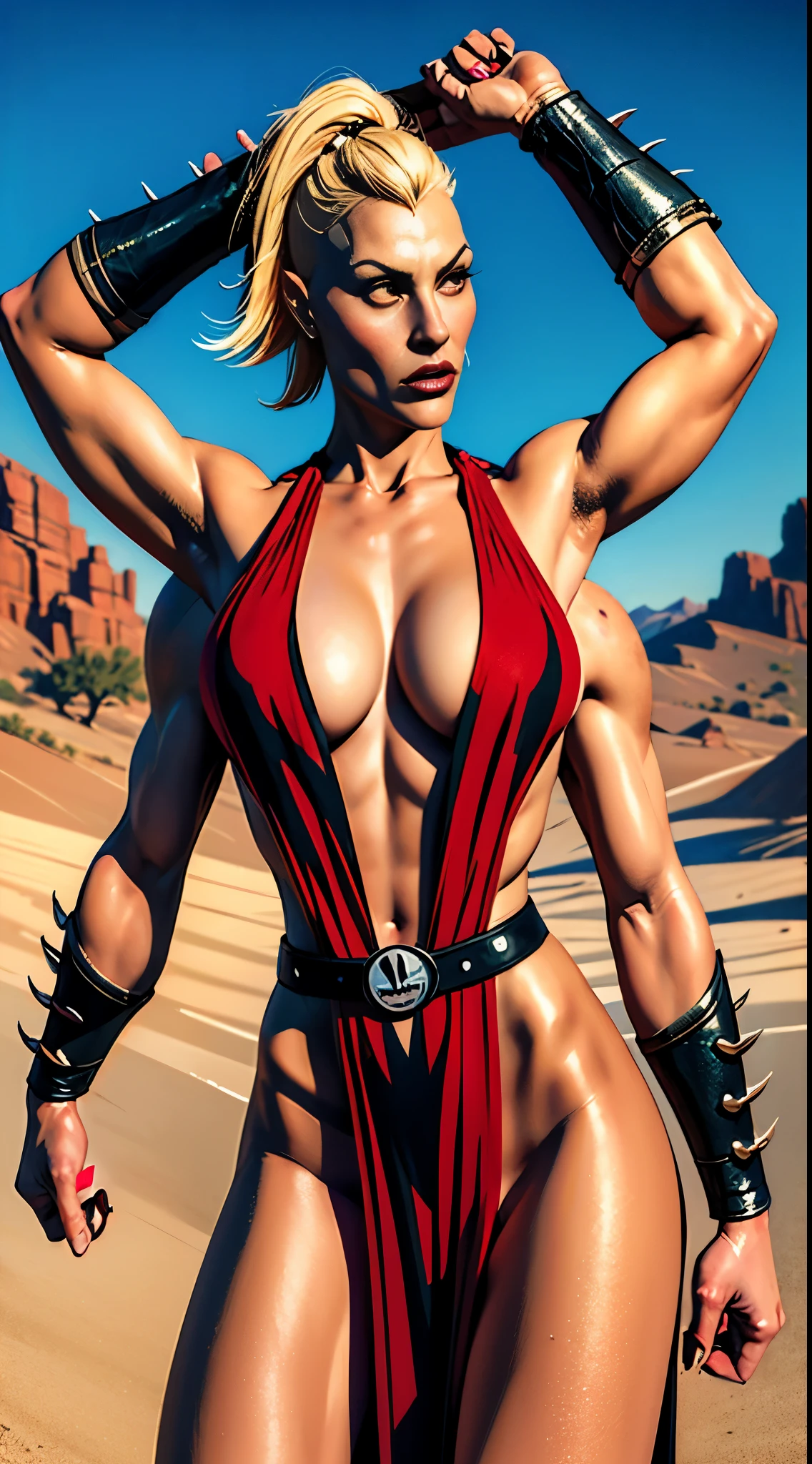 actress ((Gwendoline Christie)) as Sheeva from Mortal Kombat, ((4arm):1.3), (extra arms:1.3), sharp claws, (blond hair), wearing red clothing that consists of straps, belts, and other accessories, desert in a background, intricate, high detail, sharp focus, dramatic, photorealistic painting art by greg rutkowski