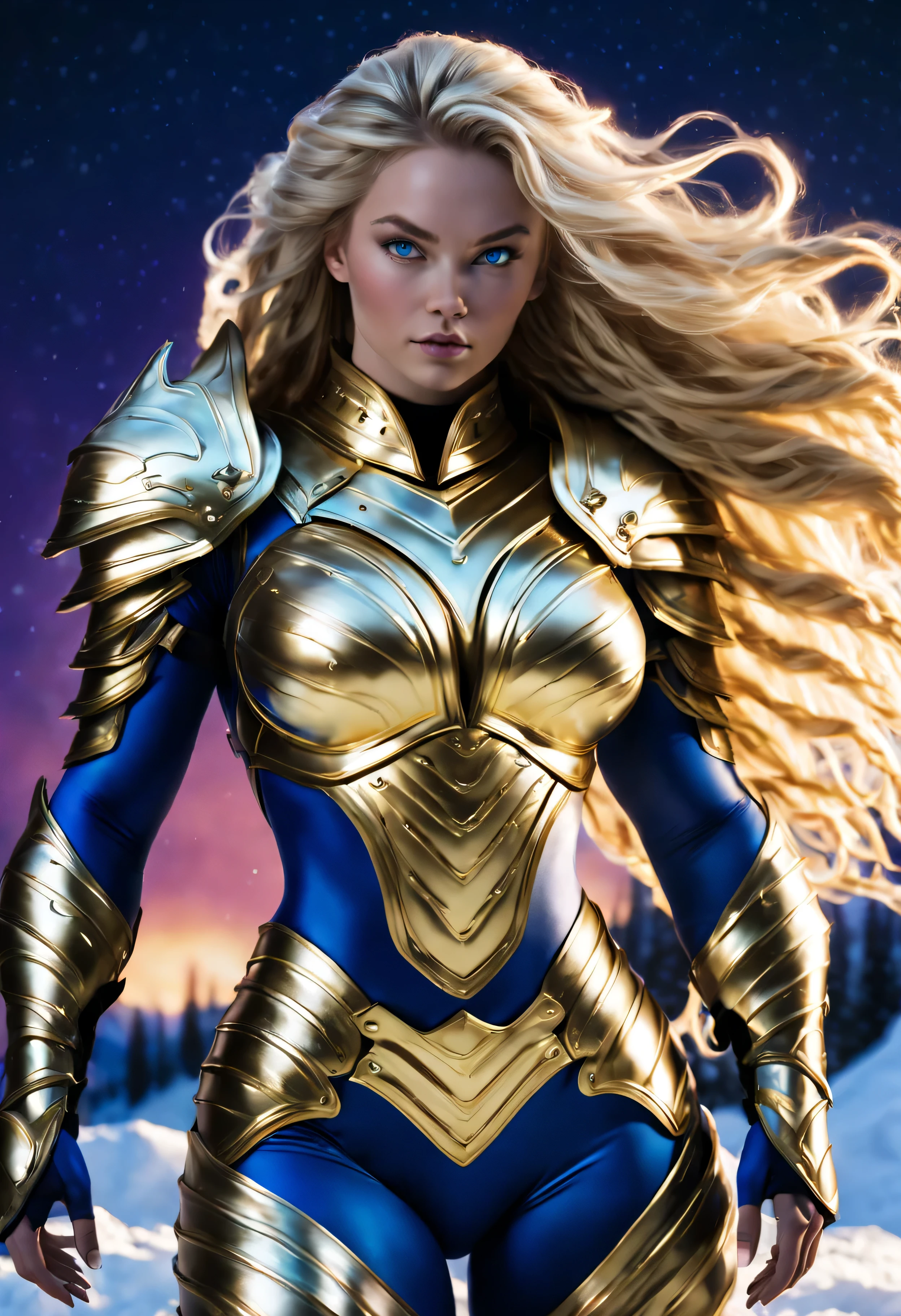 BOMBASTIC BLONDE WOMAN, female warrior, PELE PELE OLHOS AZUIS, ENORME CABELO LONGO, twin braid hair, ARMADURA DE LEOTARD, mangas compridas, Armadura de Ouro, AZUL SOB BODYSUIT, BODY NECK, Manoplas de ouro, athletic curvy body, tighs expostos, quadriceps, Muscles, buttocks exposed, vista lateral do corpo, aurora boreal, North Pole, neve, night sky, imagem precisa, master part.