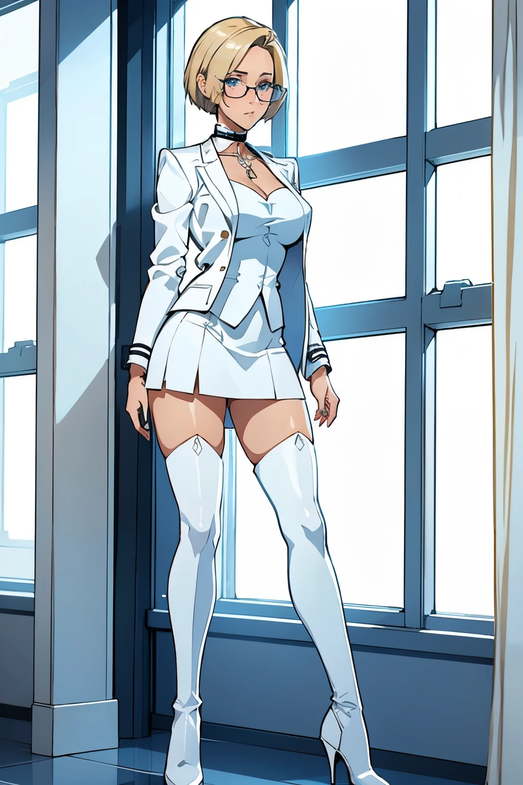 female, short straight blonde hair, blue eyes, white suit jacket, white skirt, long white high heel boots, black choker, no t shirt, medium boobs, glasses, blushing, in front of a window