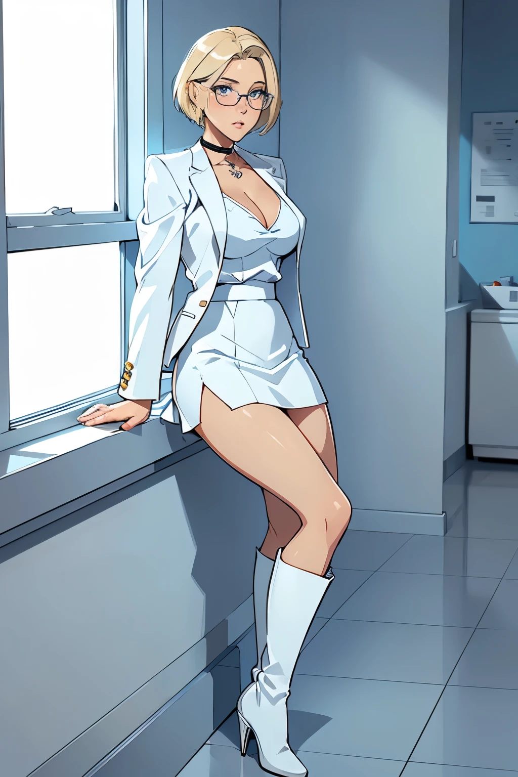 female, short straight blonde hair, blue eyes, white suit jacket, white skirt, long white high heel boots, black choker, no t shirt, medium boobs, glasses, blushing, in front of a window