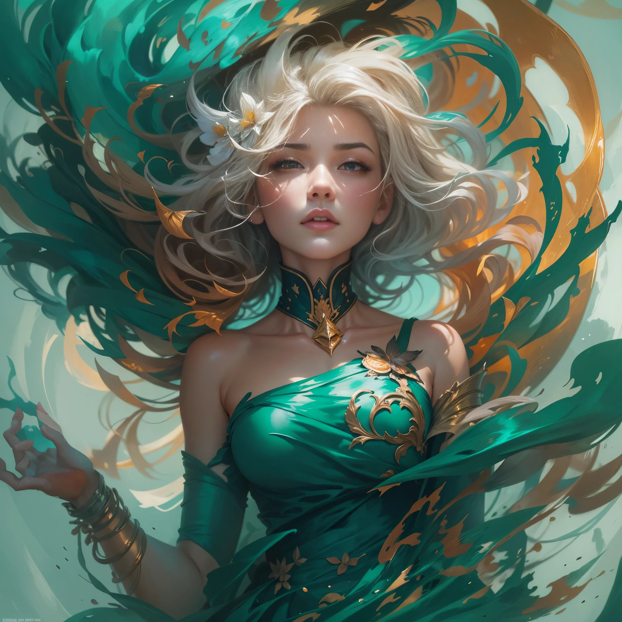 uma mulher com uma fantasia dourada com asas e um anel azul, arte fantasia behance, Artgerm Julie Bell Beeple, Pedro Mohrbacher. Motor irreal, arte de fantasia digital ), Vencedor do concurso CGSetline!!, Vencedor do concurso CGSetline!!!, Vencedor do concurso CGSetline, wlop e ross tran, personagem de fantasia hiperdetalhado, Arte de Wlop e Greg Rutkowski