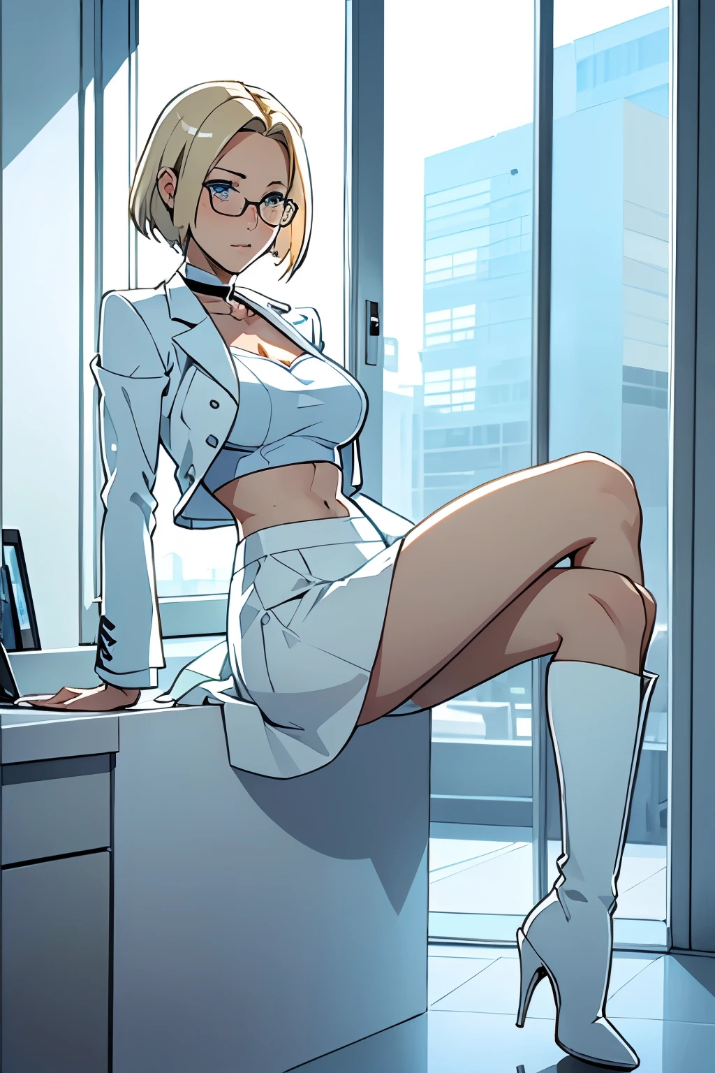 female, short straight blonde hair, blue eyes, white suit jacket, white skirt, long white high heel boots, black choker, no t shirt, medium boobs, glasses, blushing, in front of a window