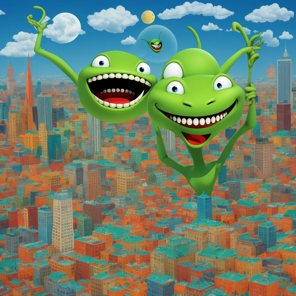 Laughing Faces alien laughing teeth detailed city background