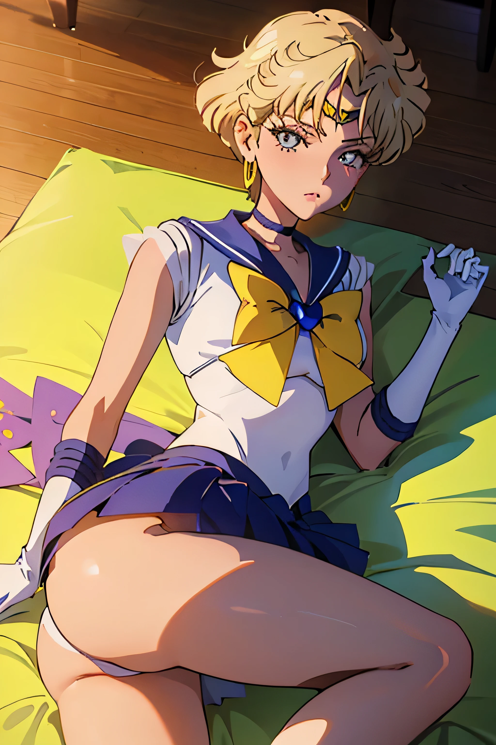 (La mejor calidad:1.1), (Obra maestra:1.4), (absurdos:1.0), retrato, primer plano,1girl, Marinero Urano, KizukiAi, Mujer madura, small breasts, aqua eyes, cabello rubio, Uniforme Sailor Senshi, Collar de marinero, arco de pecho, Arco trasero, Falda suplicante, Guantes blancos de codo, big booty, Ultra minifalda , jewely, Pendientes, ACOSTADA DE LADO EN EL SUELO, mostrando su, culo con micro tanga, muy sexy , Buen. (ACOSTADA DE LADO EN EL SUELO) CADENAS EN EL CUELLO, Esclava.