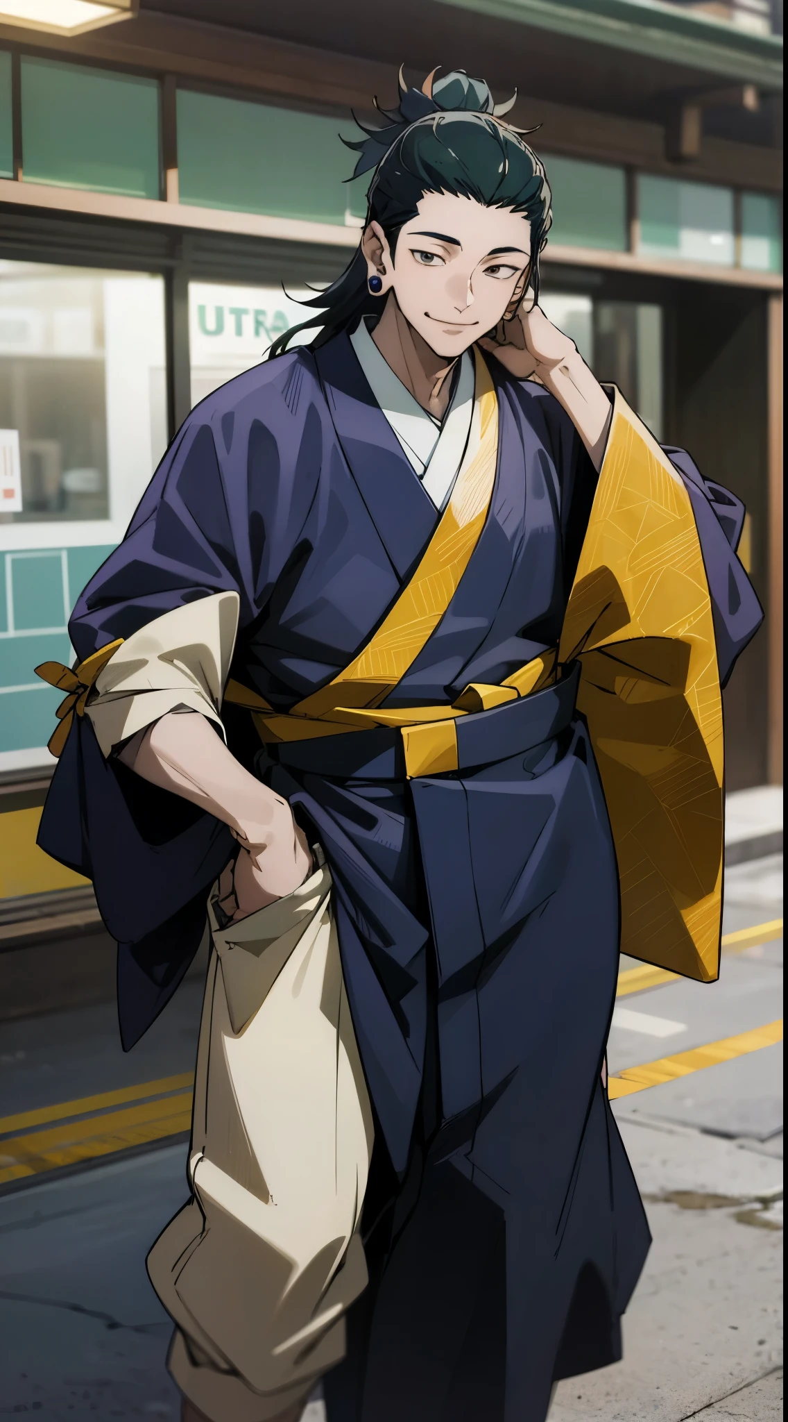 Geto suguru, in front of the store, ultra hd picture, perfect fingers, geto suguru kimono, perfect hands, smiling, 20 years old man, handsome face