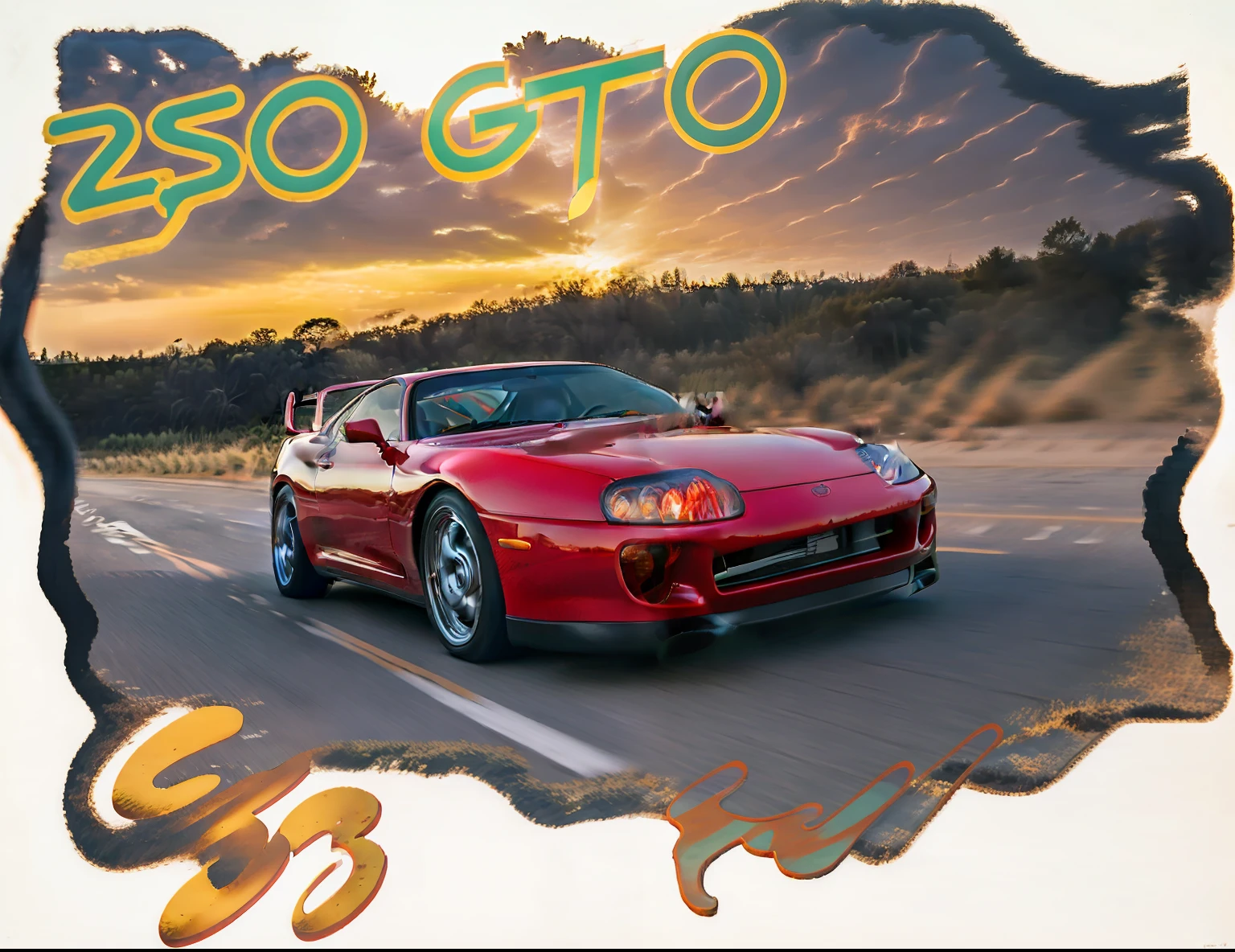 a red sports car driving down a road with a sunset in the background, goto fujita, , gt40, music album cover, album cover, a red bearded guy driving a gt3s, fujita goro!, album art cover, 80s outrun, album artwork, fanart, gostoso, furio tedeschi
