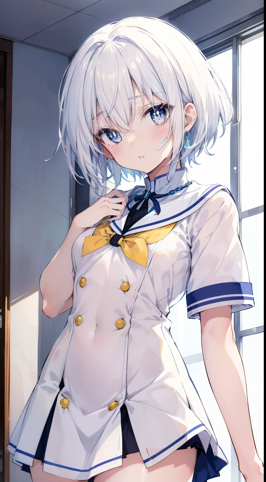 Relatively relaxed background,Short hair that reaches the neck in creamy white,Blue pupils,Two semicircular necklaces with yellow edges and milky breath,Wear the magical school student uniform that combines white and blue,She is a beautiful high school girl anime style, anime style like faay night, clean and meticulous anime style