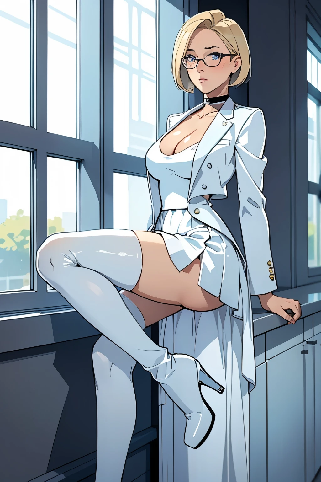 female, short straight blonde hair, blue eyes, white suit jacket, white skirt, long white high heel boots, black choker, no t shirt, medium boobs, glasses, blushing, in front of a window