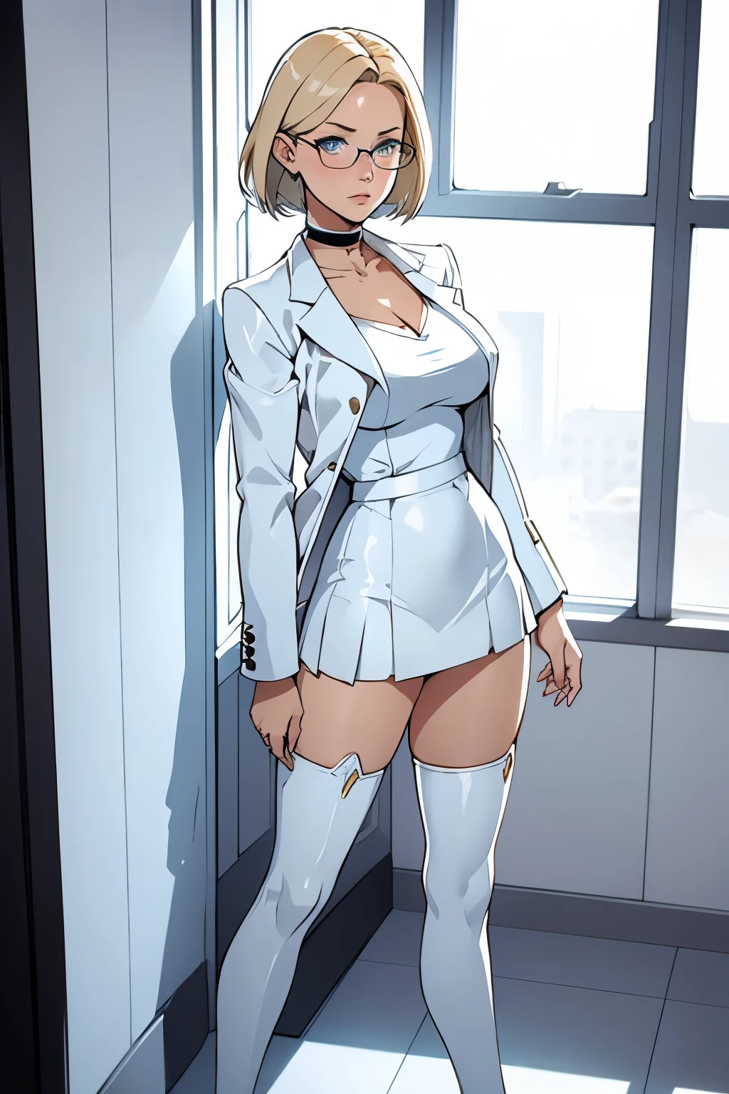 female, short straight blonde hair, blue eyes, white suit jacket, white skirt, long white high heel boots, black choker, no t shirt, medium boobs, glasses, blushing, in front of a window