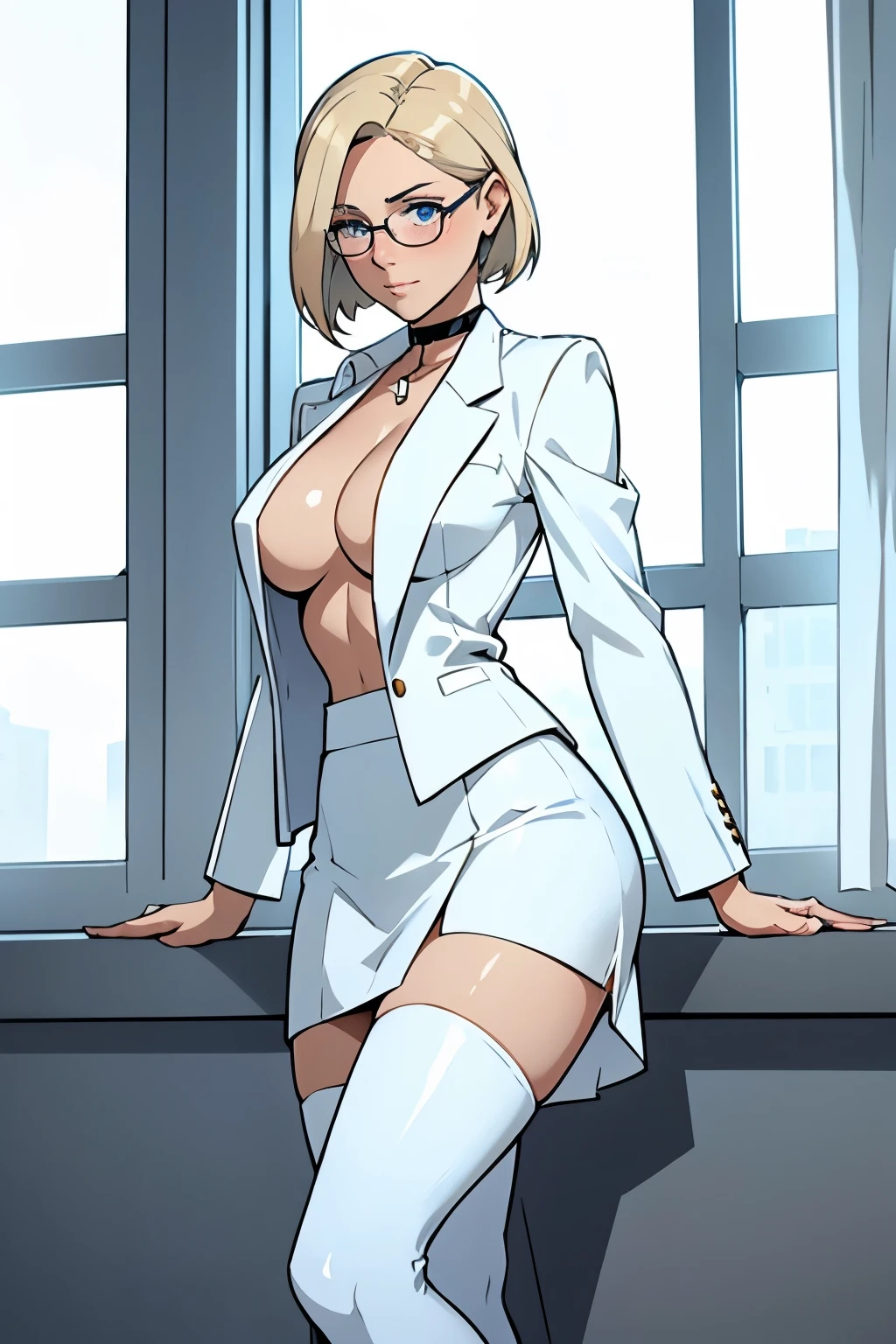 female, short straight blonde hair, blue eyes, white suit jacket, white skirt, long white high heel boots, black choker, no t shirt, medium boobs, glasses, blushing, in front of a window