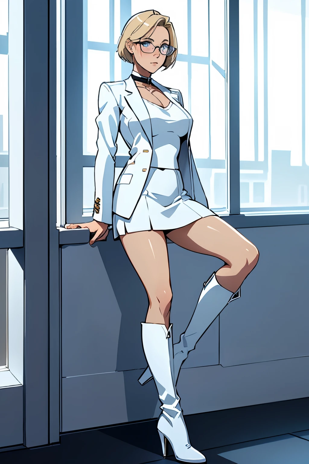 female, short straight blonde hair, blue eyes, white suit jacket, white skirt, long white high heel boots, black choker, no t shirt, medium boobs, glasses, blushing, in front of a window
