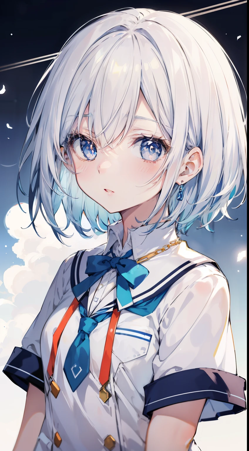 Relatively relaxed background，Short hair that reaches the neck in creamy white，Blue pupils，Two semicircular necklaces with yellow edges and milky breath，Wear the magical school student uniform that combines white and blue，She is a beautiful high school girl anime style, anime style like faay night, clean and meticulous anime style