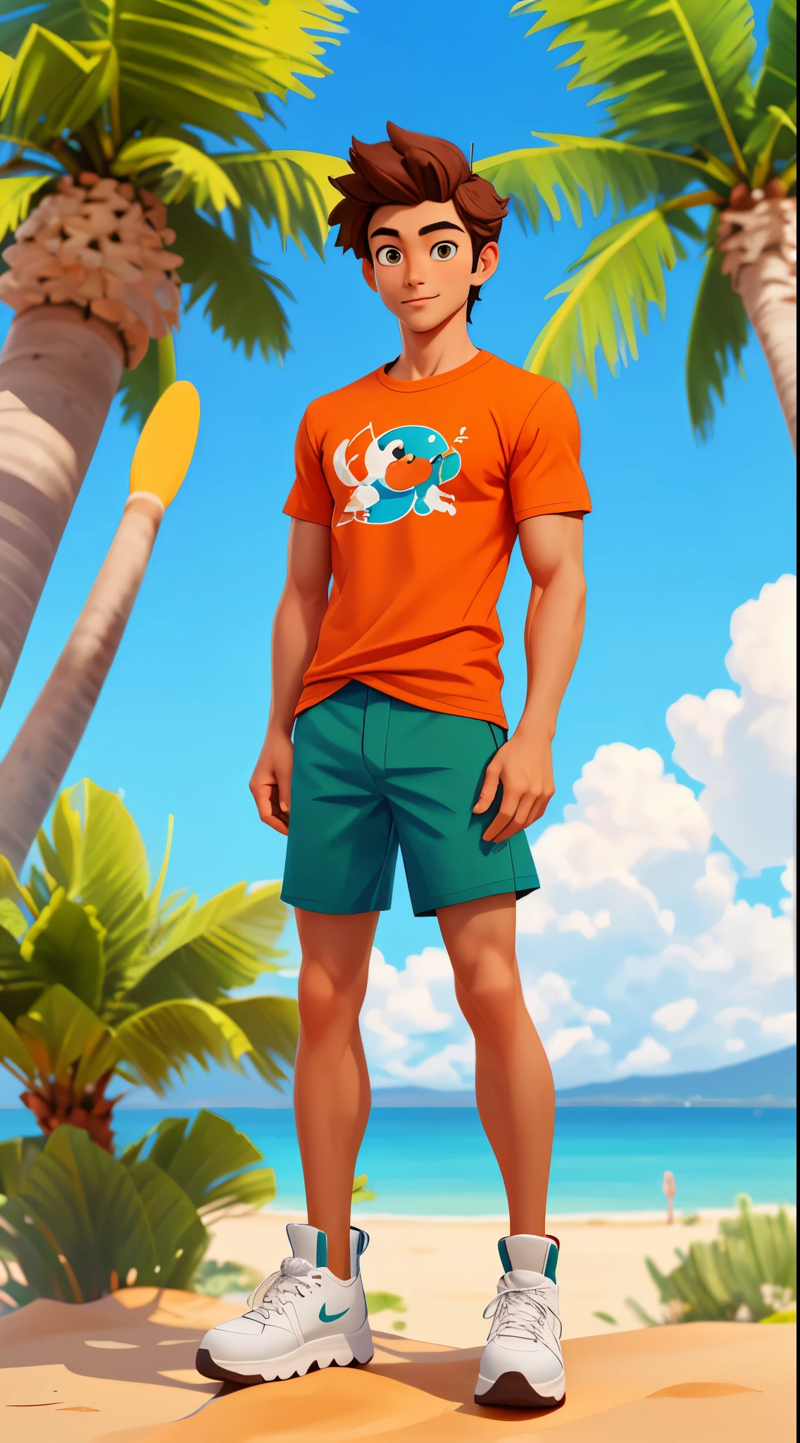 Denver, 1男性，Handsome face，perfect body figure，Disney art style，confront, looking at viewert,naughty，orange case shirt，coconut palms,desert island