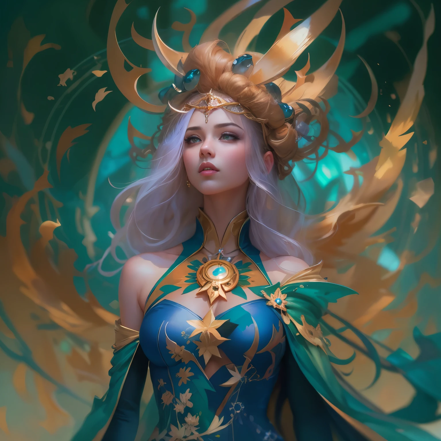 uma mulher com uma fantasia dourada com asas e um anel azul, arte fantasia behance, Artgerm Julie Bell Beeple, Pedro Mohrbacher. Motor irreal, arte de fantasia digital ), Vencedor do concurso CGSetline!!, Vencedor do concurso CGSetline!!!, Vencedor do concurso CGSetline, wlop e ross tran, personagem de fantasia hiperdetalhado, Arte de Wlop e Greg Rutkowski