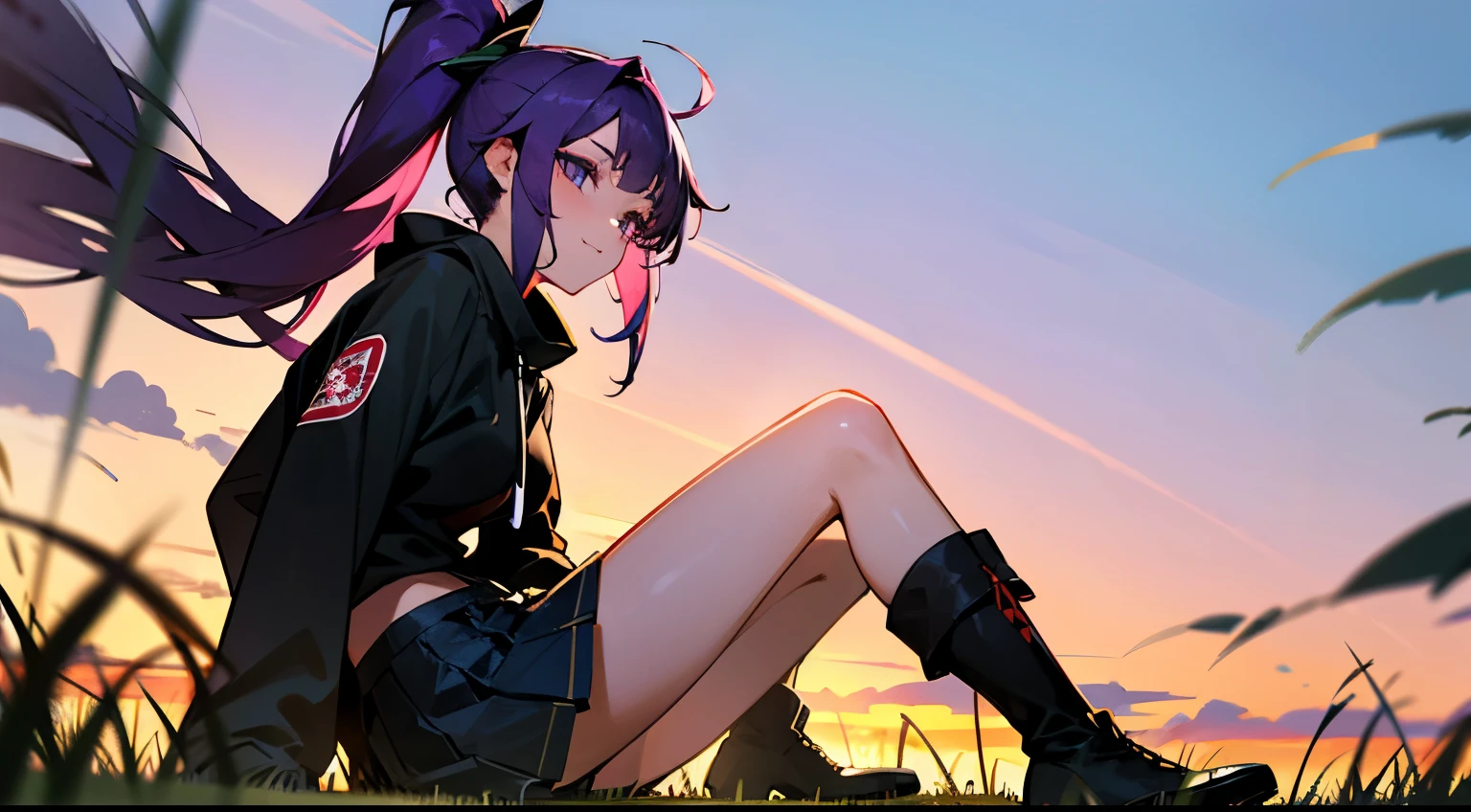 grass field,the sunset,Long purple hair,Purple eye,Black sweatshirt,laughingly,8K分辨率,a black pleated skirt,black over-the-knee socklack Martin boots,High ponytail