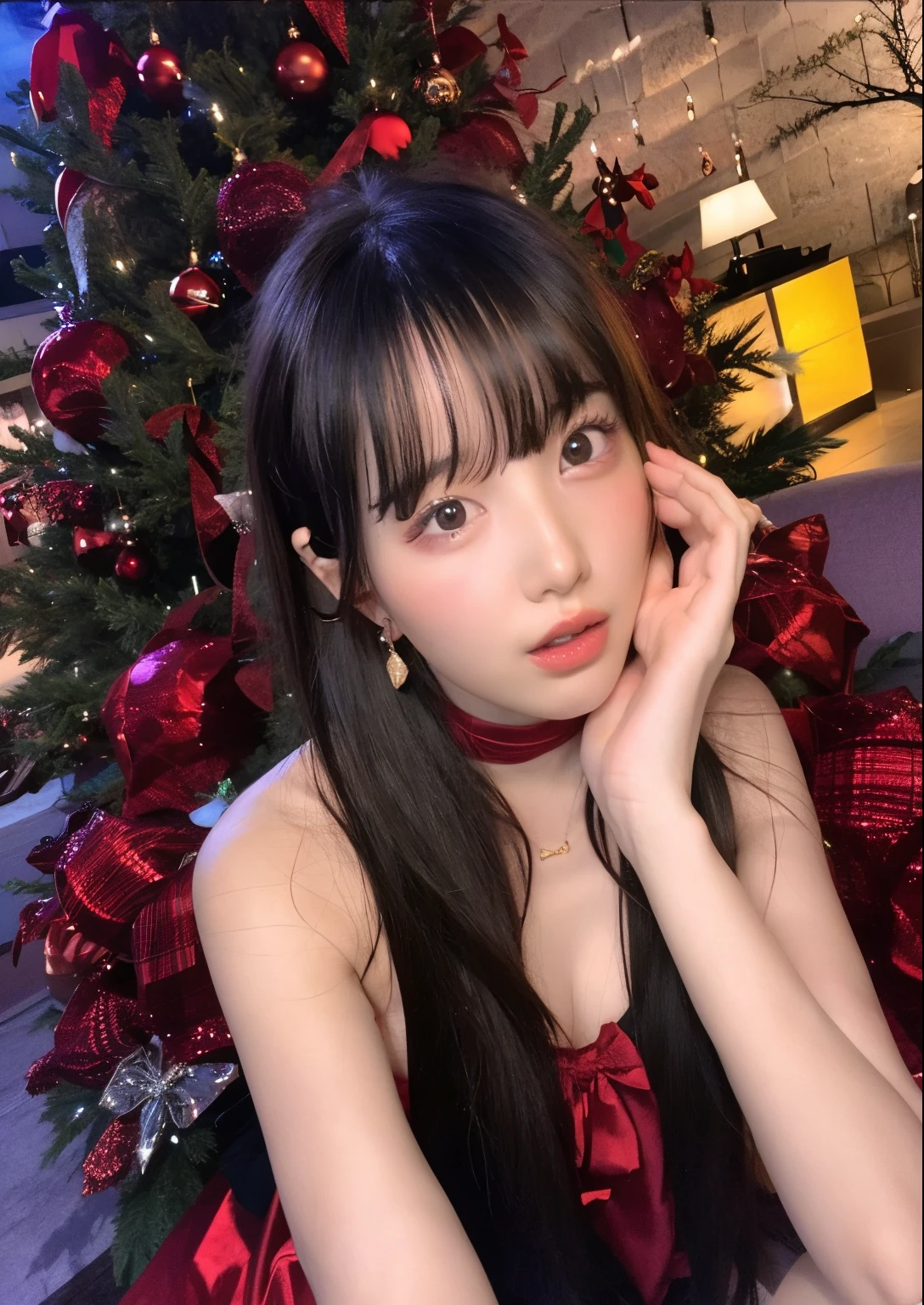Araffe woman dressed in red sitting in front of a Christmas tree, Nicha Yontararak, Nicha Yontararak de (G)I-DLE, ulzzang, con flequillo, con flequillo completo, Jossi de Blackpink, portrait of Nicha Yontararak of (G)I-DLE, she has black hair con flequillo, Jinyoung Shin, Sha Xi, Tohsaka also., Retrato Nicha Yontararak
