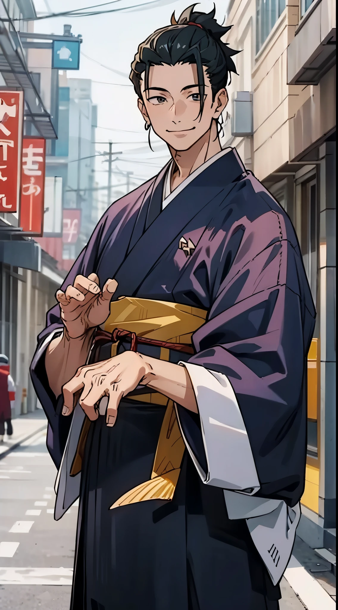 Geto suguru, in front of the store, ultra hd picture, perfect fingers, geto suguru kimono, perfect hands, smiling, 20 years old man, handsome face