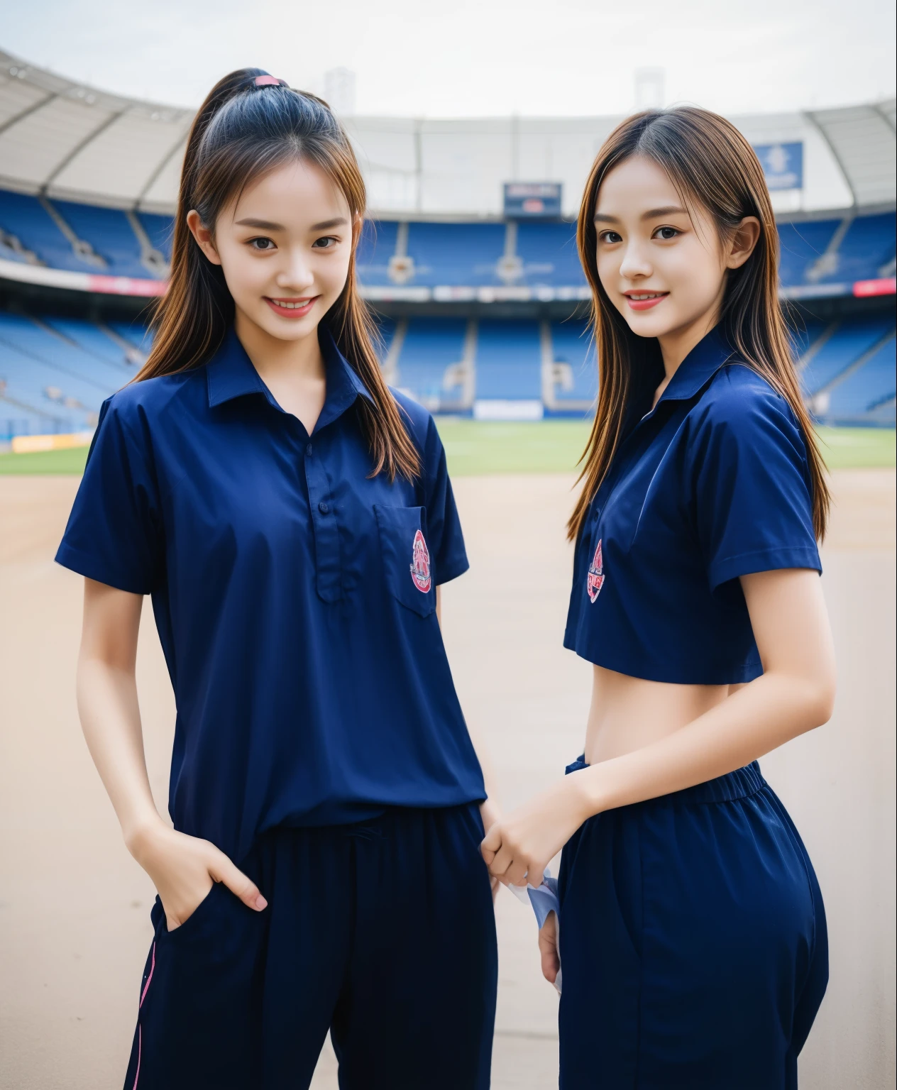(bestquality,10,10,highres,masterpiece:1.2),ultra-detail,(Realistic,ภาพRealistic,photo-realistic:1.37),1 Cute girl in the football field,oily shiny skin,bara,light smile,BDclothelue shirt:1.3)),short sleeves,shirt, trousers.,(navy_long_ติดตามtrousers:1.1), ((Stadium Background:1.3)),dynamic angle,excited,face focus,Dynamic Poses,from behide,Ass Focus,masterpiece, bestquality, ultra realistic, hyper-detail, 8k resolution, RAW photo, crisp focus, ((Navy blue shirt:1.1)), short sleeves, เส้นทางlong, Complete bodyแบบ, 2 mature women, 18yo, cinematic light,trousersวอร์มสีน้ําเงิน,Gymware,Correct ???????,Complete body, Correct body, sharp face, Correct bodyทางกายวิภาค, full entire body, Realistic gestures, long-haired, Realistic poses,Wear long shorts...........................................,ช่วงขาlong,Shapely,Sculpting Girl, Slender Figure, mannequin mannequins, Shapely, Beautiful body,trousersวอร์มสีน้ําเงิน, Two girls kissing