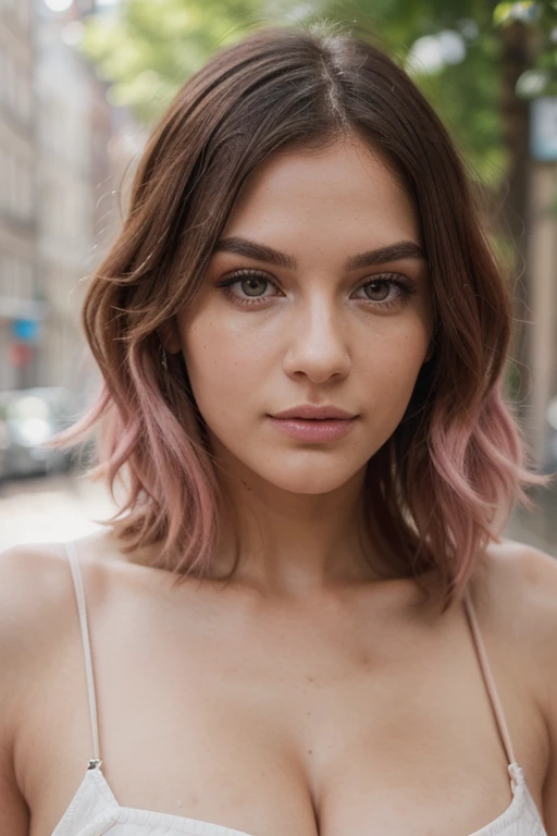Instagram models posing in amsterdam, beautiful detailed eyes, beautifully detailed lips, extremely detailed eyes and face, short wavy pink hair ((best quality)), ((masterpiece)), (detailed), perfect face