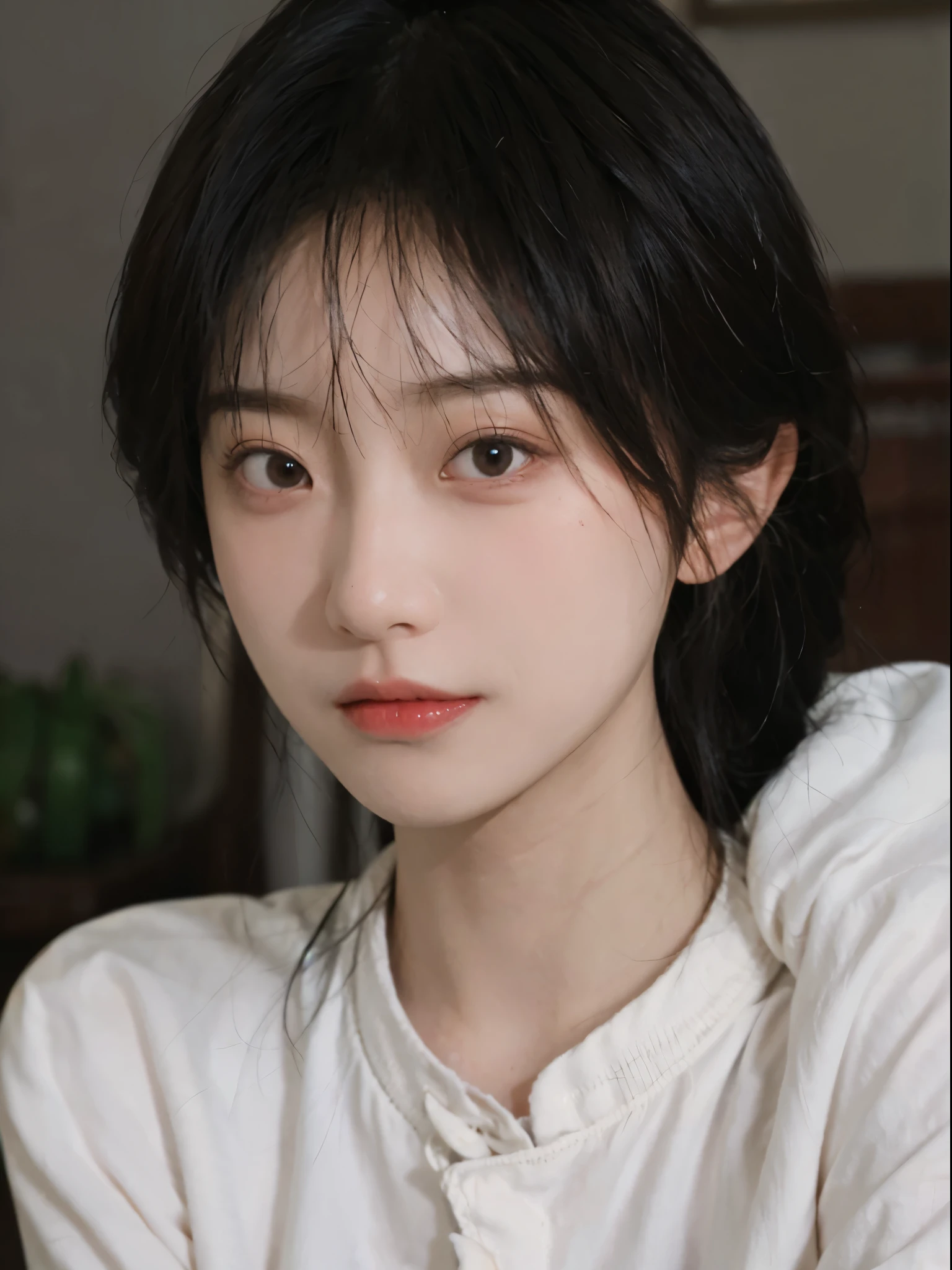 Best quality， 超高分辨率， （realistically：1.4），There is a woman wearing a sweater and a white shirt, 年轻Cute Korean face, 有着Cute and delicate face蛋, a cute young woman, she has a cute face, Cute Korean face, pale milky white porcelain skin, Cute and delicate face, ulzzangs, thick collar, Baiji haircut hairstyle