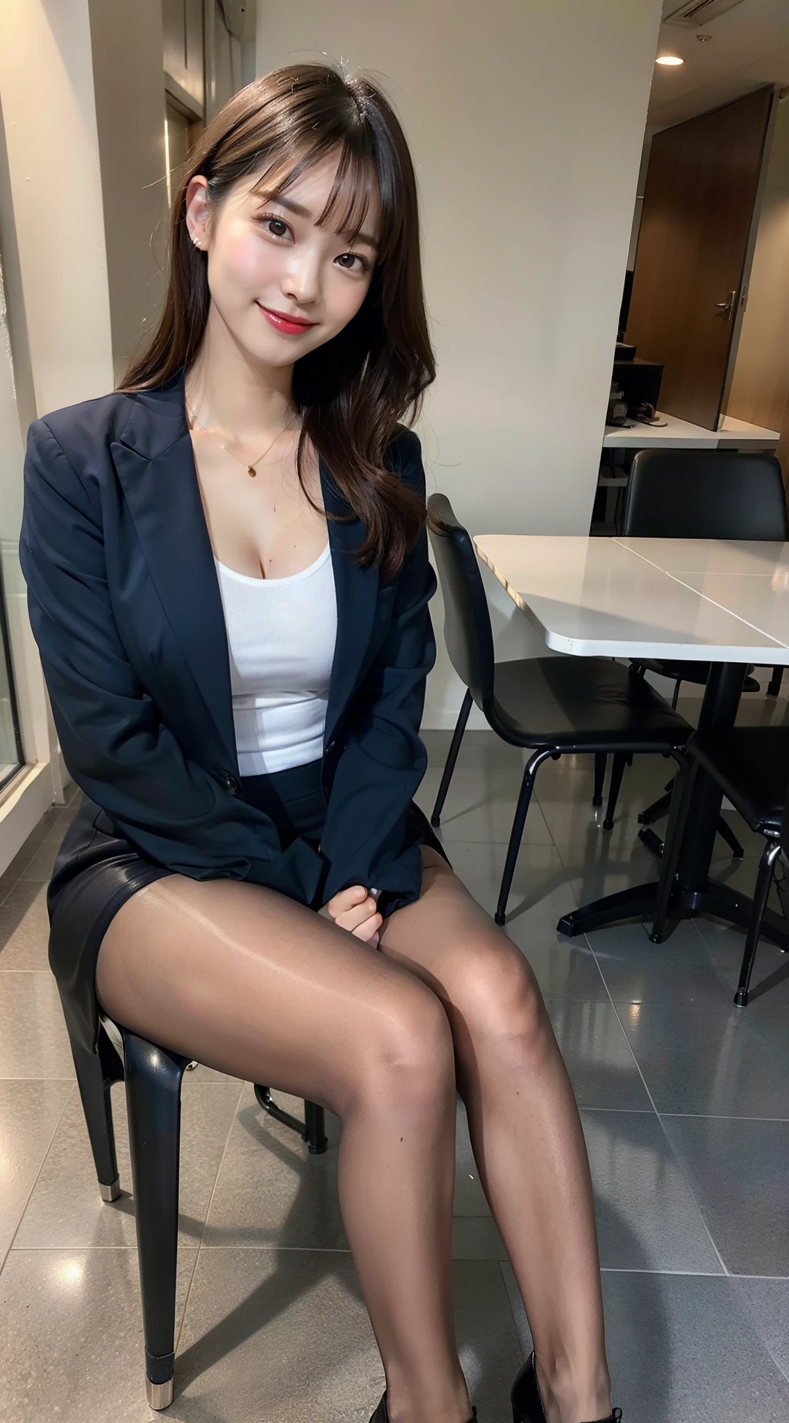 Beautiful black eyes、dual、natural skin textures:1.8, realistic eyes and face details:1.8、middlebreasts、in 8K,Best Quality:1.4, 超A high resolution:1.5, (Photorealistic:1.4),​masterpiece:1.2,(top-quality:1.4)、 Raw photo、 (the background is blurred), Girl in 1, Cute, (Full body:1.4)、realistic shadow、beauty legs:1.2、tight skirts、white  shirt, (Solo:1.4), (Shy smile), 、 (Brown medium hair,Bangs),nogizaka,Beautiful body,  Navy Business Suit, Secretary、During the break、super model、Black pantyhose、gravure,pantyhose,pantyhose