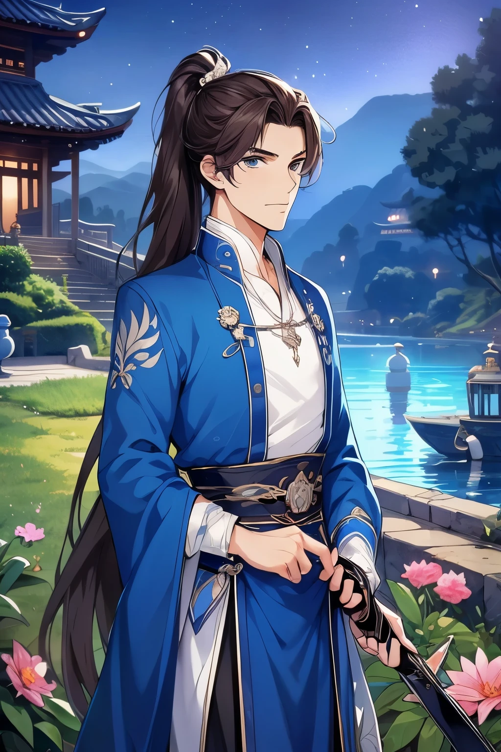 (Best quality,A high resolution,The image is clear，Garden scene，:1.2),a handsome，the only person，Ultra detailed backgrounds,Beautiful teenager standing holding sword，Chinese-style clothes，high ponytails，natta，blue colored eyes，Garden scene,under moonlight,starrysky，Asian architecture，Romantic atmosphere,，Dutch Angle Shot,gentlesoftlighting,portrait of upper body，Eye focus，a sharp gaze，