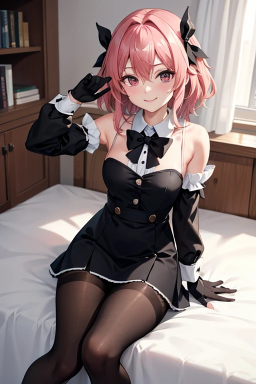 (Highest quality,High resolution,Very detailed,girl)black tights,Pink Hair,Twin tails and short hair,Height: 160cm,cute,Big Breasts,Pink Eyes,Wearing a black skirt,Her eyes are white and shining,Has bright white eyes,Has a shy look,