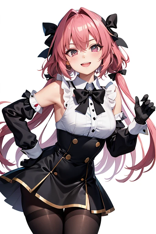 (masterpiece, highest quality, 8k, 16k, high quality, best quality:1.3, absurdres, highres),
(masterpiece, best quality:1.2), solo, male focus, 1boy, astolfost3, smile, looking at viewer, hair bow, hair ribbon, black dress, buttons, wing collar, black bowtie, long sleeves, juliet sleeves, black gloves, pantyhose, thick thighs,