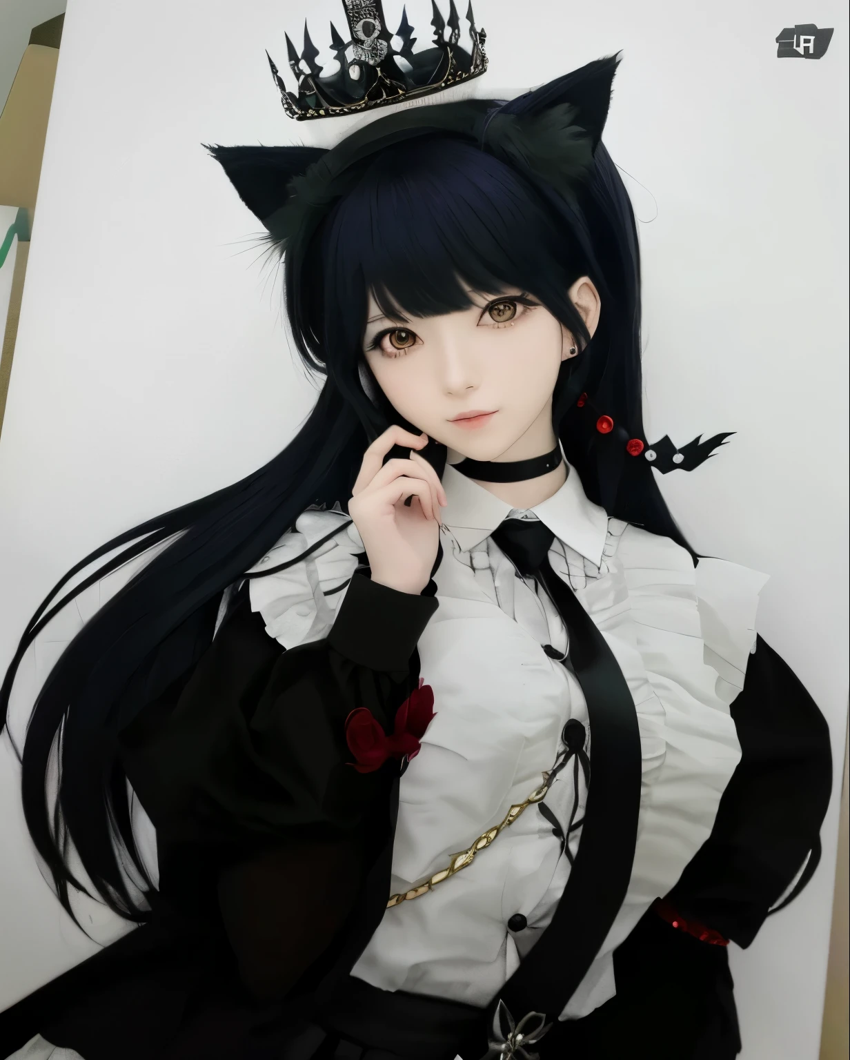 anime drawing of a woman with a crown on her head, akane owari danganronpa, realistic anime art style, in an anime style, an anime drawing, anime drawing, anime art style, anime girl with cat ears, realistic anime artstyle, mayuri shiina from steins gate, anime realism style, in anime style, anime style drawing
