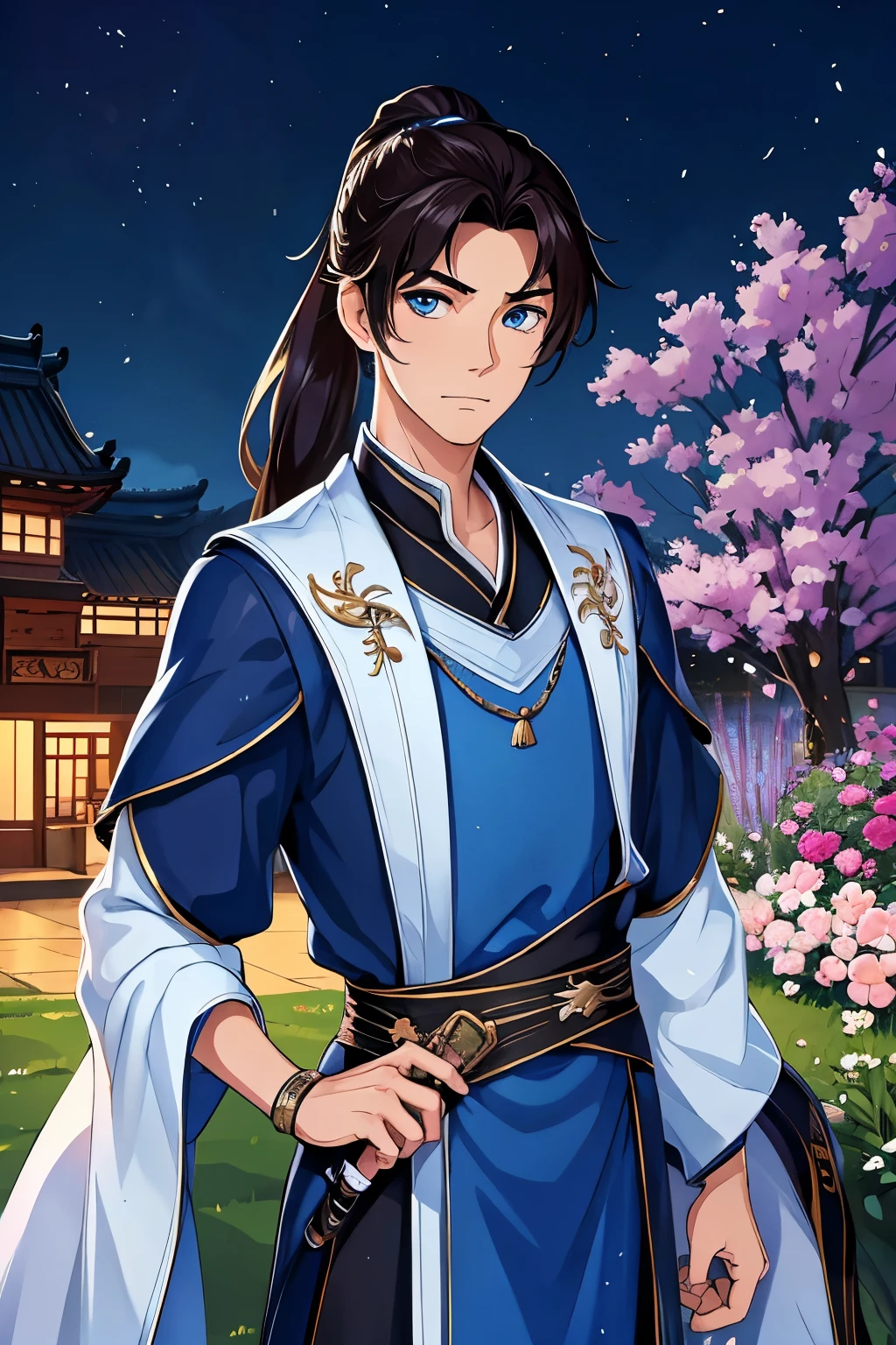 (Best quality,A high resolution,The image is clear,Garden scene,:1.2),a handsome,the only person,Ultra detailed backgrounds,Beautiful teenager standing holding sword,Chinese-style clothes,high ponytails,natta,blue colored eyes,Garden scene,under moonlight,starrysky,Asian architecture,Romantic atmosphere,,Dutch Angle Shot,gentlesoftlighting,portrait of upper body,Eye focus,a sharp gaze,