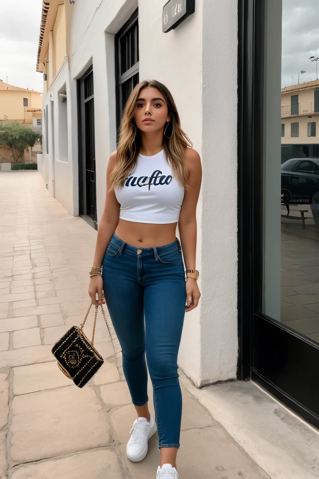 ((La mejor calidad)), ((Obra maestra)), (Detallado), Cara perfecta, 23-year-old Latin female influencer with a casual oudfit, fondo en el gym, Foto RAW