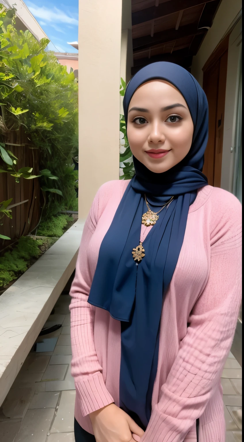 RAW, Best quality, high resolution, masterpiece: 1.3), beautiful Malay woman in hijab,Masterpiece, perfect fit body, ((Huge breast)), biggorgeous eyes, Soft smile,muslim woman in a plain long sleeve shirt and hijab posing for a picture, hijab, with lovely look, with beautiful colors, with accurate face, pose 4 of 1 6, traditional beauty, batik, wearing beautiful clothes, beutifull, with beautiful exotic, attractive pose, cute pose, scarf, wearing plain chiton, very attractive , she is smiling,Delicate turtleneck, necklace, shairband, afternoon walk, City garden, Excellent lighting, Bright colors, Clean lines