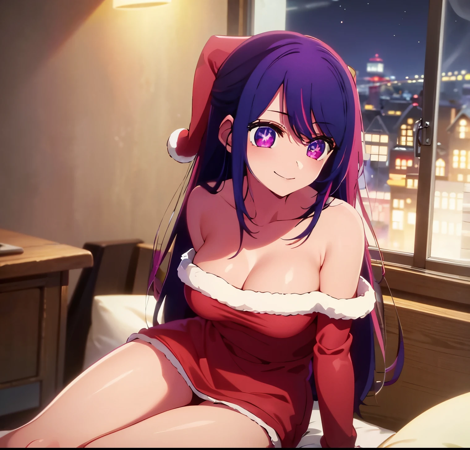 Masterpiece、highly detailed、(1 girl in:1.2)、single,Ai hoshino,purple hair、purple eyes,red Santa Claus hat,rabbit ornament on the side of the head,red Santa Claus suit,neckline , bare legs,、A close-up、a smile、8k、Ai hoshino、Interior, house with fireplace, good lighting, nights, window with outside view, large breasts, medium waist, medium hips, wide thighs