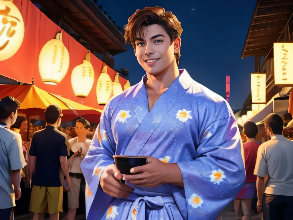 (top-quality:1.1), (masterpiece:1.1), (Short hair:1.2), (macho:1.2), Brown hair, , A smile, (Lively nighttime summer festival venue:1.1), (japanes:1.1), (年轻:1.2), flashy men'Yukata
