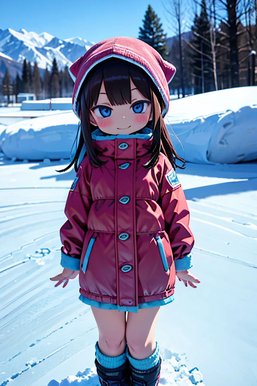girl jumping into snow field、A smile、Warm clothing、Ski Wear、It's snowing、sleeping face down on the snow floor