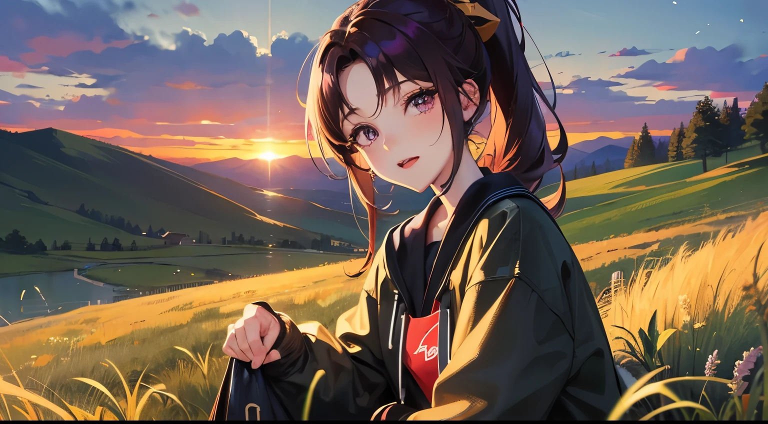 grass field,the sunset,Long purple hair,Purple eye,Black sweatshirt,laughingly,8K分辨率,a black pleated skirt,black over-the-knee socklack Martin boots,High ponytail