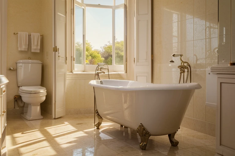 (best quality,4k,8k,highres,masterpiece:1.2),ultra-detailed,realistic,modern bathroom,soft morning sunlight,warm color tones,wide view