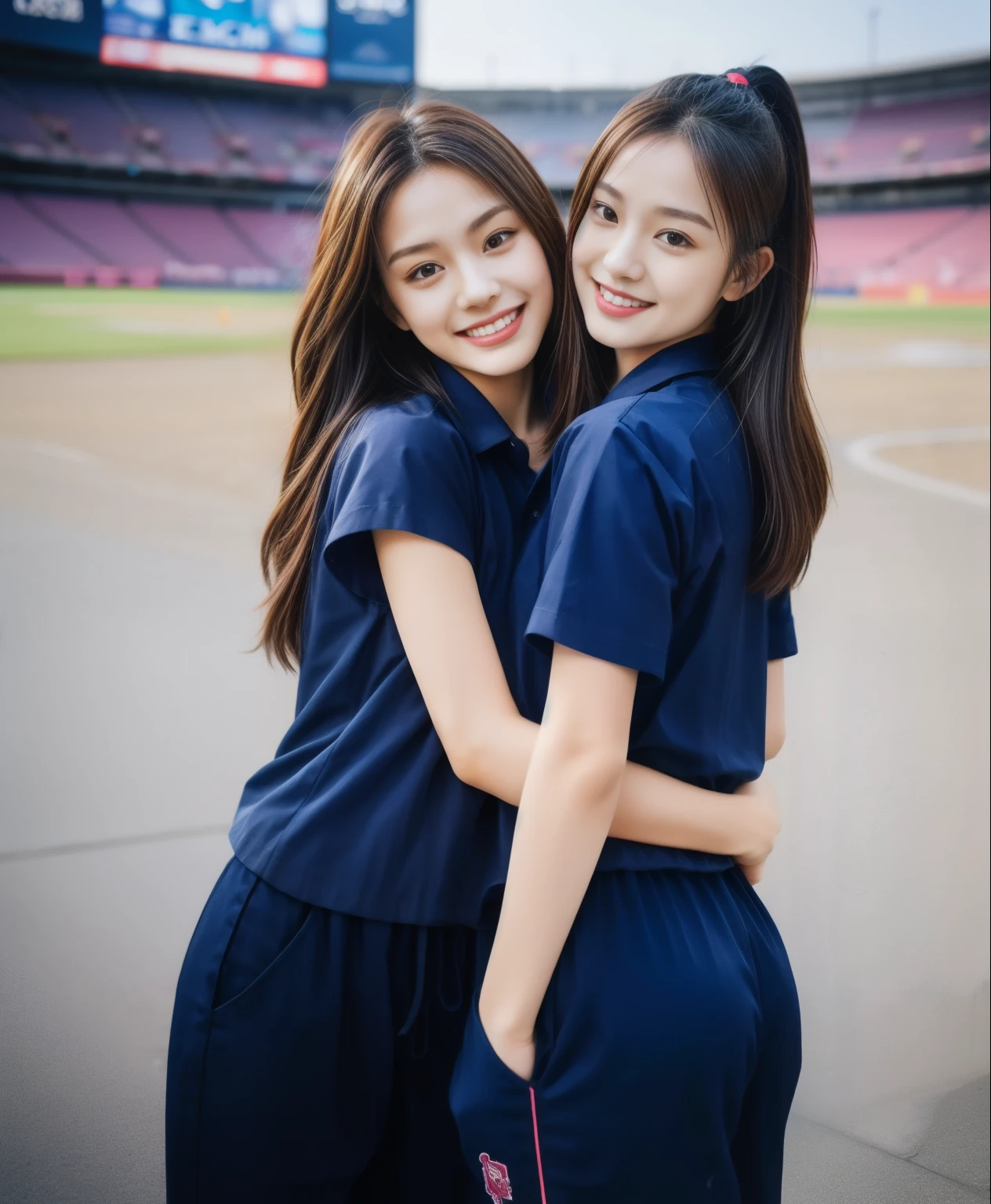 (bestquality,10,10,highres,masterpiece:1.2),ultra-detail,(Realistic,ภาพRealistic,photo-realistic:1.37),1 Cute girl in the football field,oily shiny skin,bara,light smile,BDclothelue shirt:1.3)),short sleeves,shirt, trousers.,(navy_long_ติดตามtrousers:1.1), ((Stadium Background:1.3)),dynamic angle,excited,face focus,Dynamic Poses,from behide,Ass Focus,masterpiece, bestquality, ultra realistic, hyper-detail, 8k resolution, RAW photo, crisp focus, ((Navy blue shirt:1.1)), short sleeves, เส้นทางlong, Complete bodyแบบ, 2 mature women, 18yo, cinematic light,trousersวอร์มสีน้ําเงิน,Gymware,Correct anatomy,Complete body, Correct body, sharp face, Correct bodyทางกายวิภาค, full entire body, Realistic gestures, long-haired, Realistic poses,Wear long shorts...........................................,ช่วงขาlong,Shapely,Sculpting Girl, Slender Figure, mannequin mannequins, Shapely, Beautiful body,trousersวอร์มสีน้ําเงิน, Two girls kissing