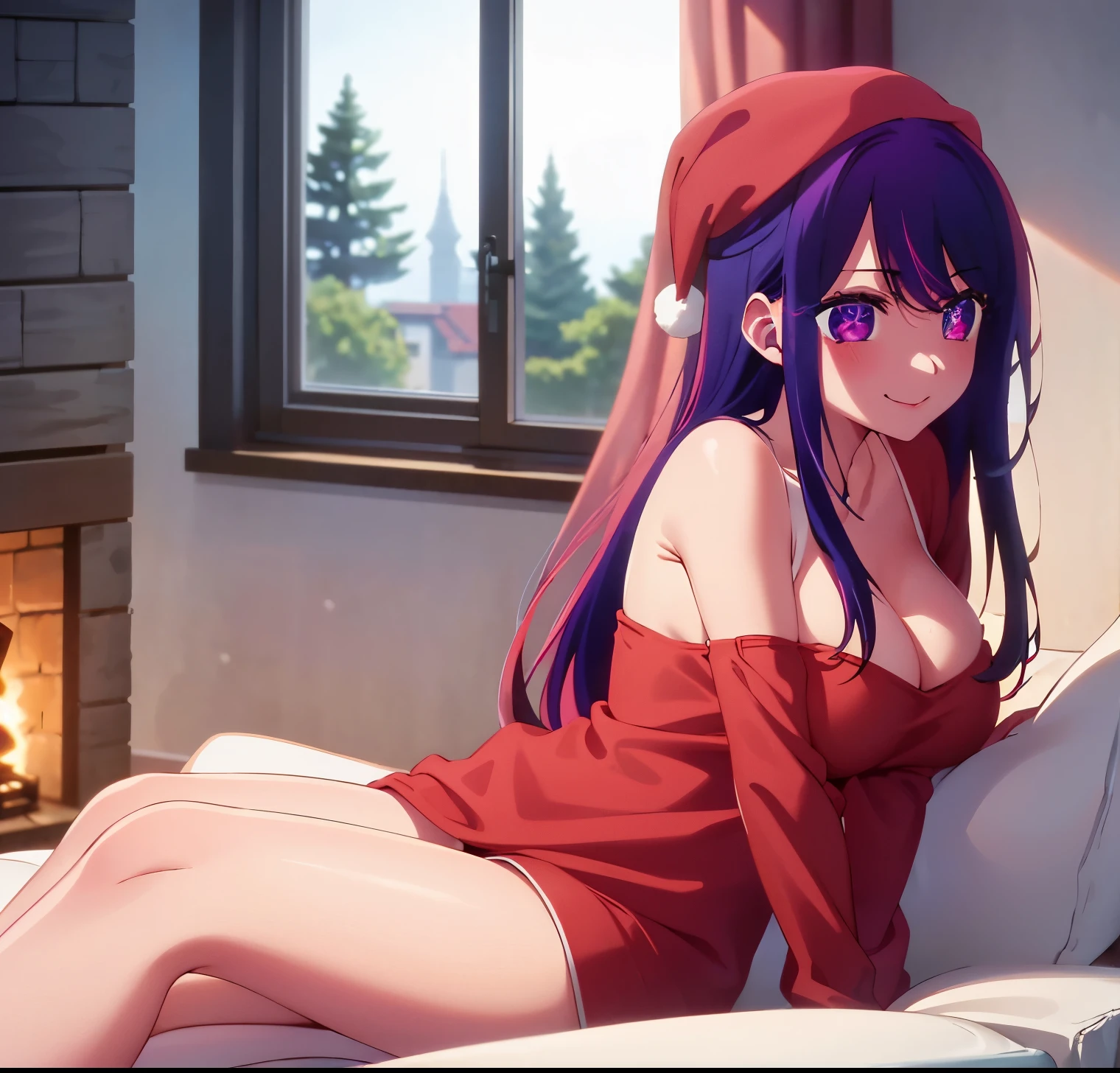 Masterpiece、highly detailed、(1 girl in:1.2)、single,Ai hoshino,purple hair、purple eyes,red Santa Claus hat,rabbit ornament on the side of the head,red Santa Claus suit,neckline , bare legs,、A close-up、a smile、8k、Ai hoshino、Interior, house with fireplace, good lighting, nights, window with outside view, large breasts, medium waist, medium hips, wide thighs