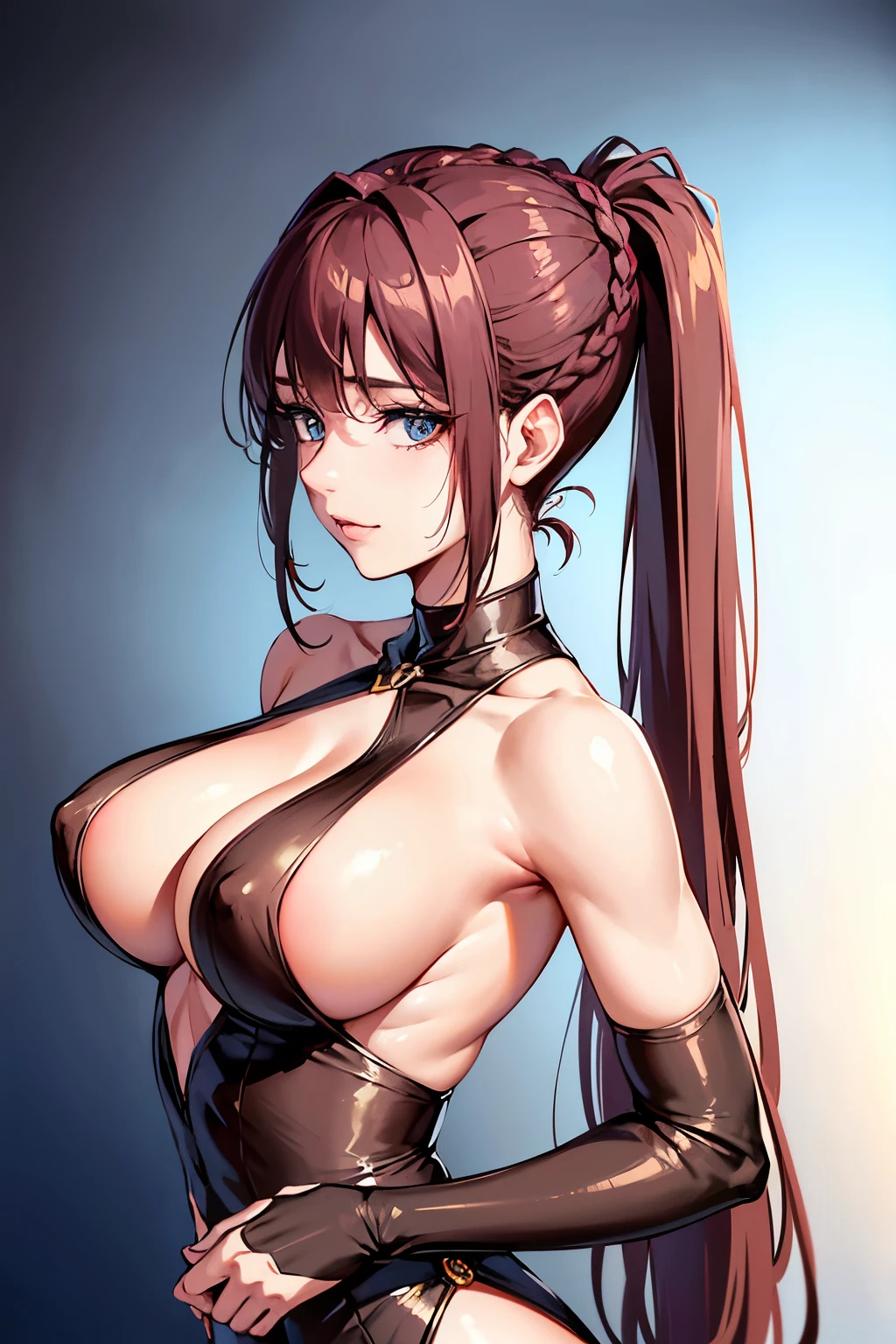 woman posing for a photo, (wearing deep_v-neck_dress:1.2), (long_ponytail_hairstyle:1.3),
good hand,4k, high-res, masterpiece, best quality, head:1.3,((Hasselblad photography)), finely detailed skin, sharp focus, (cinematic lighting), night, soft lighting, dynamic angle, [:(detailed face:1.2):0.2],(((5 stars hotel background))),