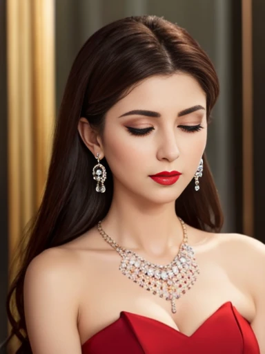 Lebanese lady, diamond dangling earrings, necklace, bracelets, small breasts, 40 years old, smokey eyes, cleavages, date dress, red lips, embarrassed, sad, eyes closed, feminine purse, heavy makeup,