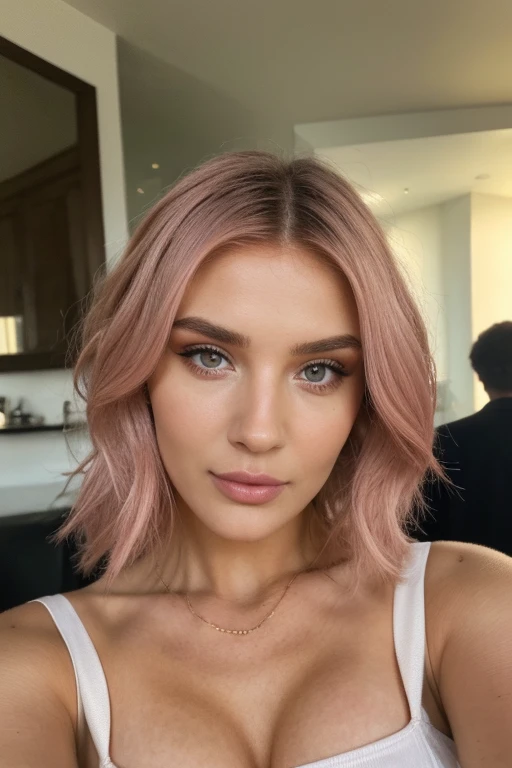 Instagram models posing in amsterdam, beautiful detailed eyes, beautifully detailed lips, extremely detailed eyes and face, short wavy pink hair ((best quality)), ((masterpiece)), (detailed), perfect face